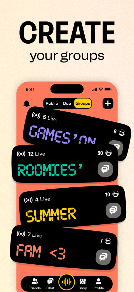 Interface of the Walkie Talkie app showing various group frequencies like Games On and Roomies with a retro digital design