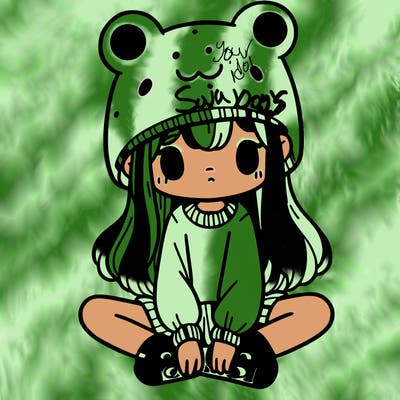 a girl wearing a frog hat and some frog socks