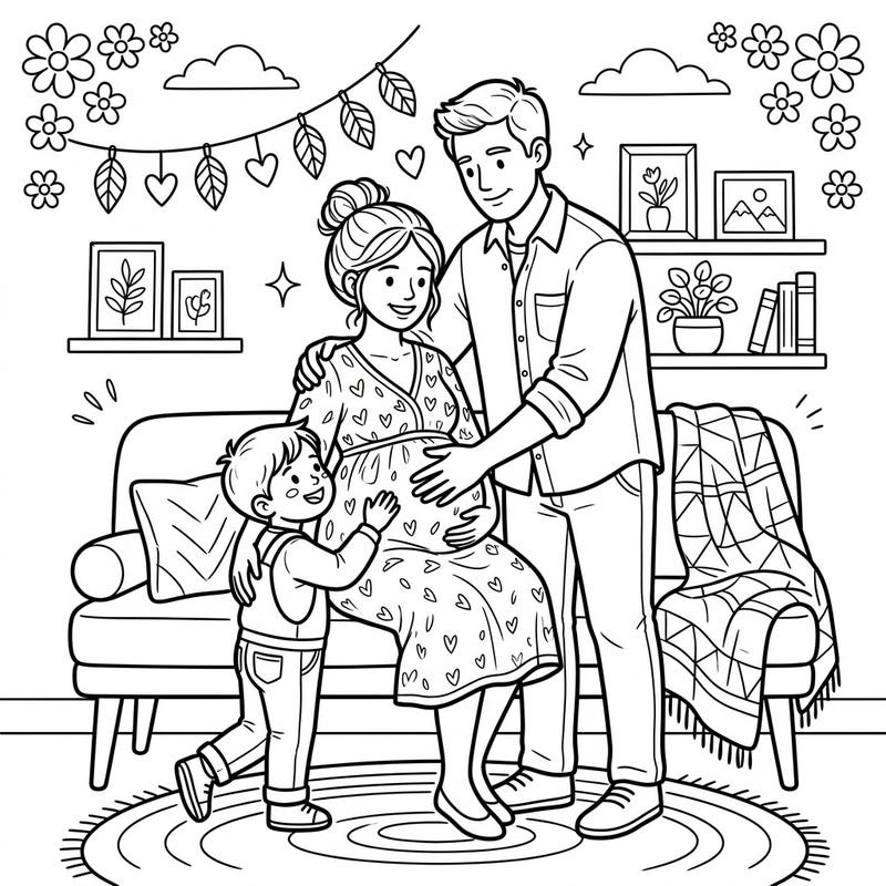 Capture the beautiful journey of expecting a new baby with this heartwarming maternity family portraits coloring page. Join a loving family as they celebrate their upcoming arrival, perfect for sharing the joy.