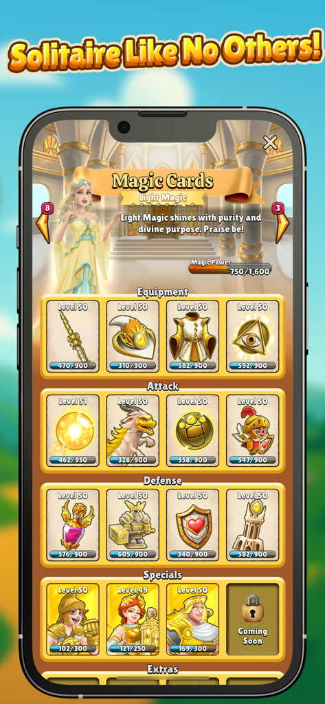 Sorcery School - Inventory menu showing upgraded magic cards, equipment, and characters in Sorcery School.