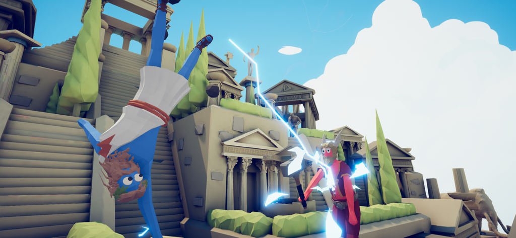 Silly physics-based battle between red and blue units in an ancient Greek temple setting in TABS Pocket Edition