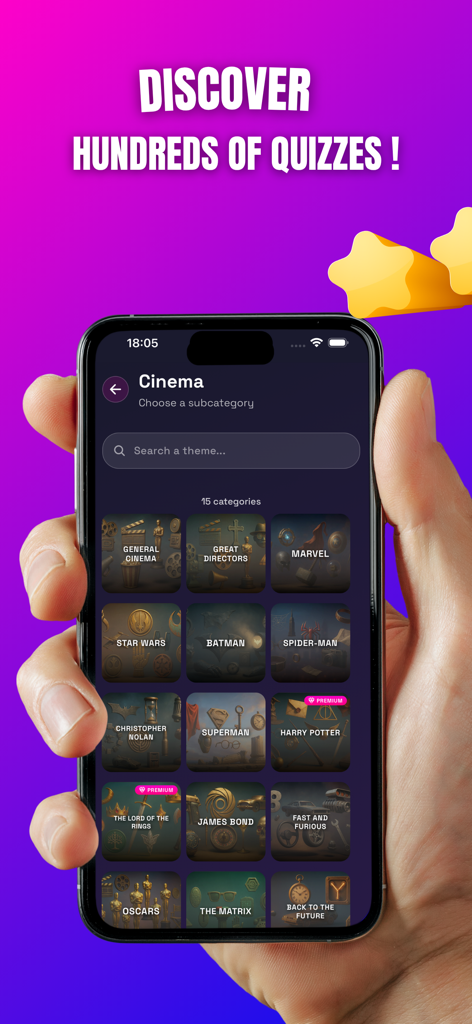 Mobile screen showing movie trivia categories in Quizzer app