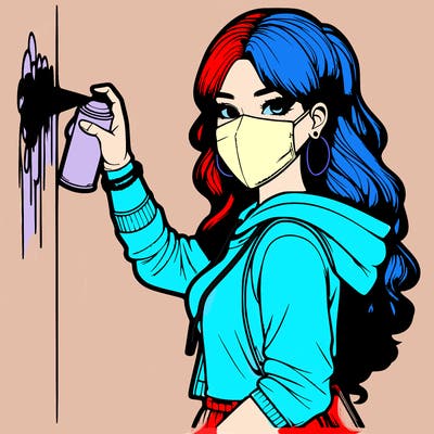 realistic girl with mask spray painting a wall