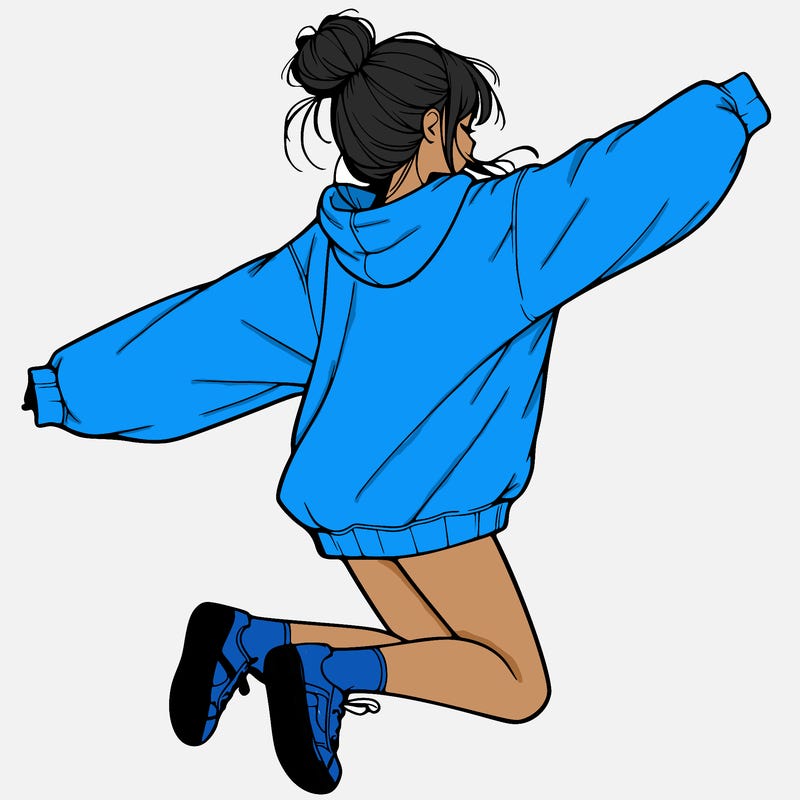 realistic girl jumping with a bun and oversized sweatshirt