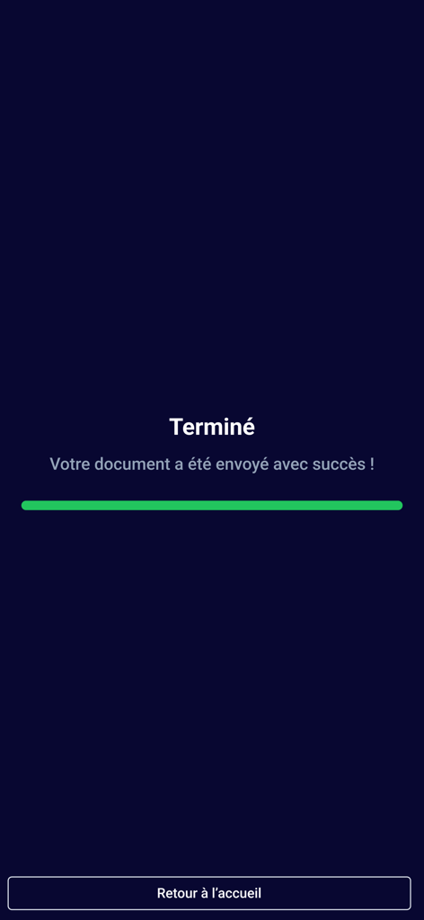 Success message screen in the Inqom app confirming a document has been sent