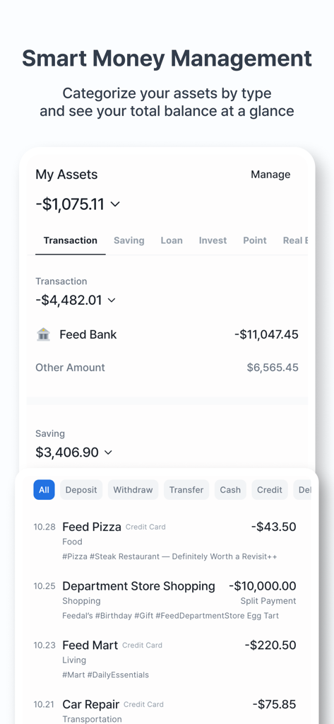 Feed MoneyBook Pro - Asset management screen in Feed MoneyBook Pro showing total balance and recent transactions.