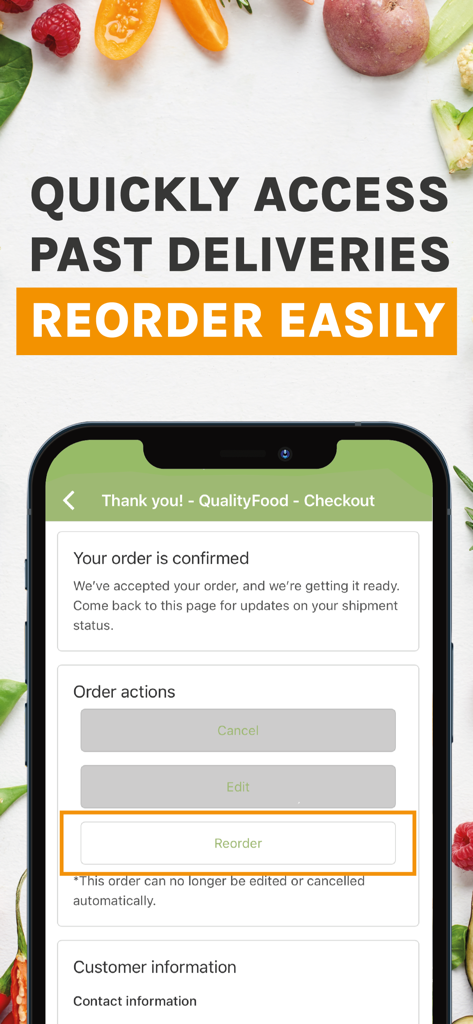 QualityFood: Grocery Delivery - QualityFood app checkout confirmation screen highlighting the reorder button to quickly access past deliveries
