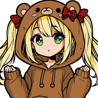 cute anime girl with ponytails and a cute bear hoodie