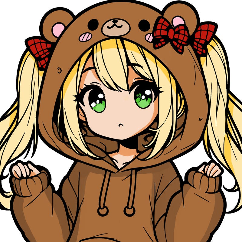 cute anime girl with ponytails and a cute bear hoodie