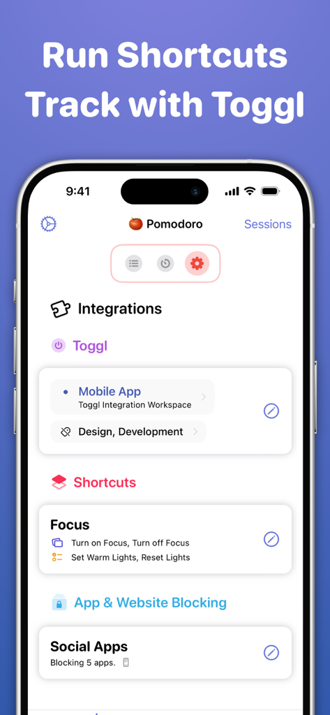 Focused Work - Pomodoro Timer - Interface de l'application Focused Work montrant l'intégration Toggl, les raccourcis iOS et les fonctionnalités de blocage des distractions
