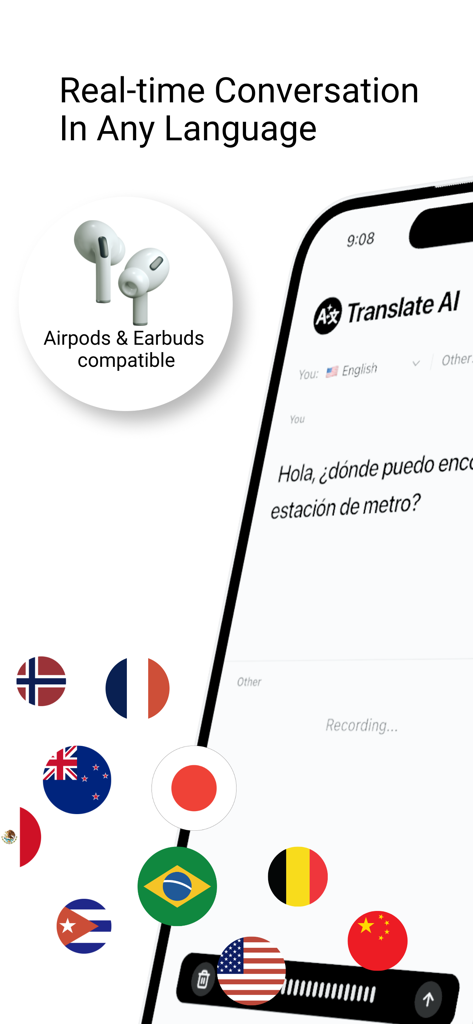 Translate AI: Live Translator - Interfaz de la aplicación móvil Translate AI que muestra la función de conversación en tiempo real y compatibilidad con AirPods