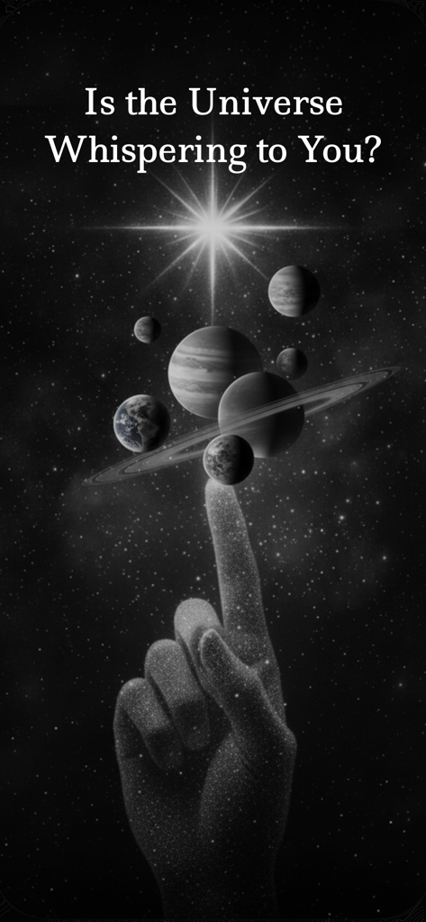 A cosmic illustration showing a hand balancing planets under a bright star with the text Is the Universe Whispering to You