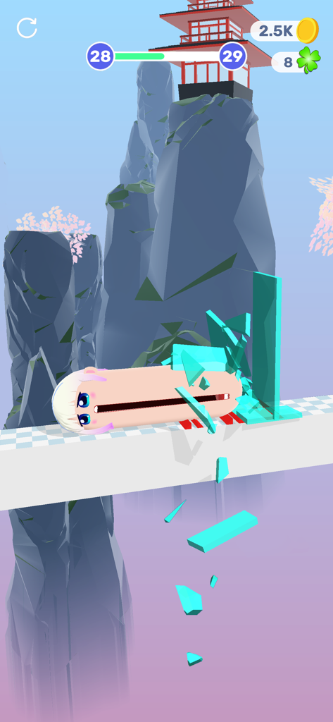 Hopping Heads: Scream & Shout - Ein gestreckter Anime-Charakterkopf schreit und durchbricht ein Hindernis in einem Berglevel.