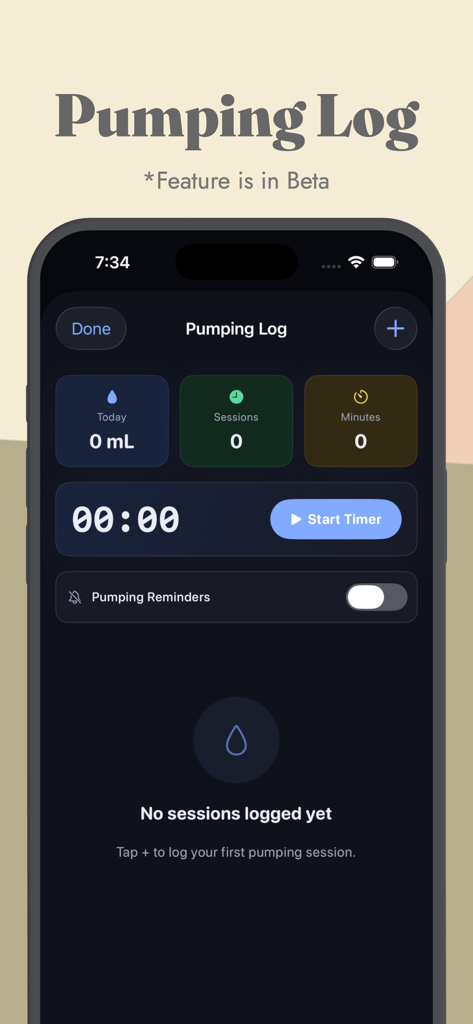 Roo: A NICU Companion App - Interfaz de la función de registro de extracción de leche en la aplicación Roo UCIN que muestra un temporizador de sesión y estadísticas de volumen de leche