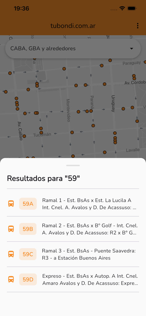 TuBondi: colectivos urbanos - Resultados de búsqueda de autobuses en la aplicación TuBondi que muestran diferentes ramales de la línea 59 en un mapa de Buenos Aires