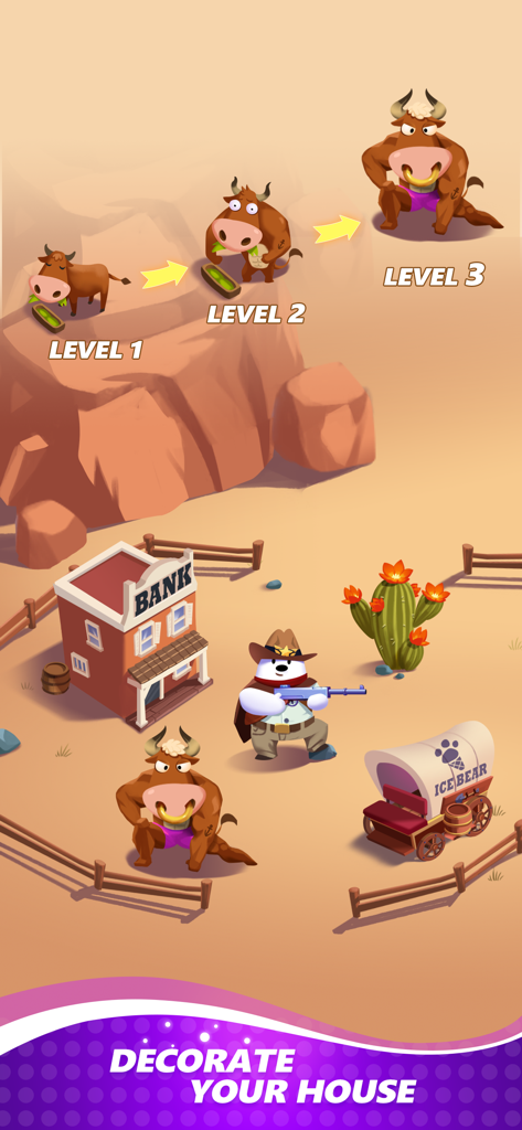 A Wild West themed house decoration feature in Catch Tiles Piano Game showing character evolution and a desert town scene.