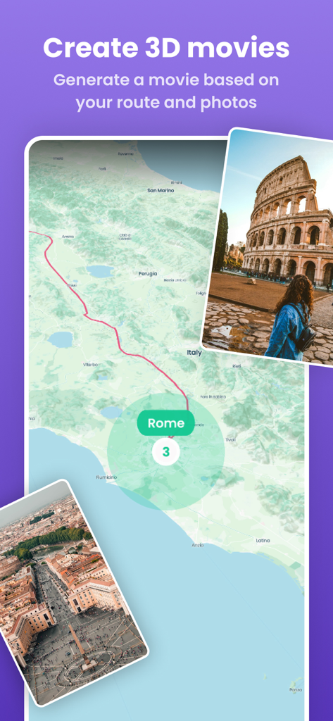 Stippl-App-Funktion zur Erstellung von 3D-Reisefilmen mit Routenkarten und Reisefotos.
