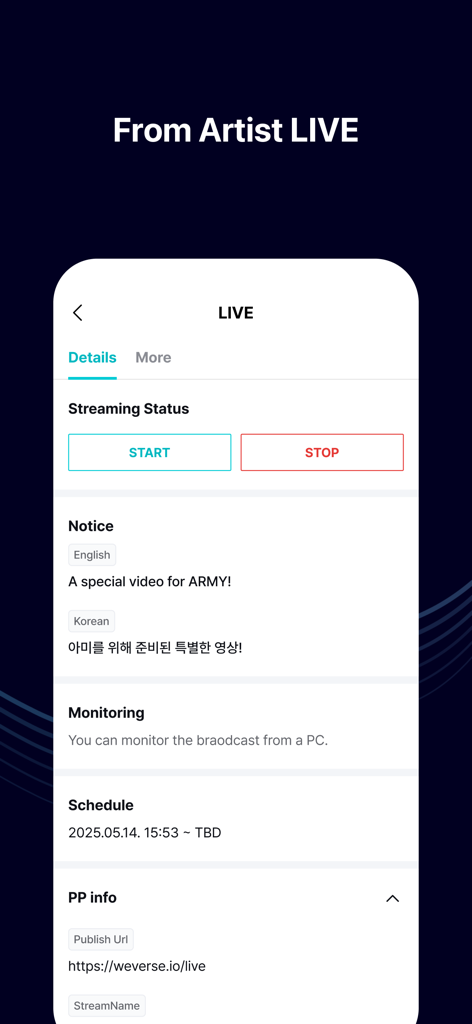 Mobile app interface of Weverse Backstage showing the Artist LIVE management dashboard with streaming controls and schedule