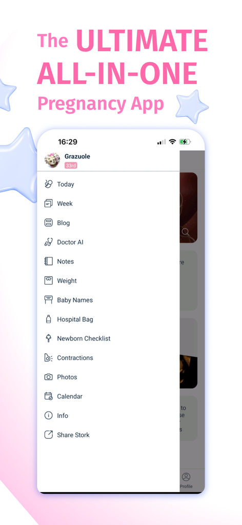 Side menu of the Stork pregnancy tracker app showing tools like weight log hospital bag list and baby size visualizer
