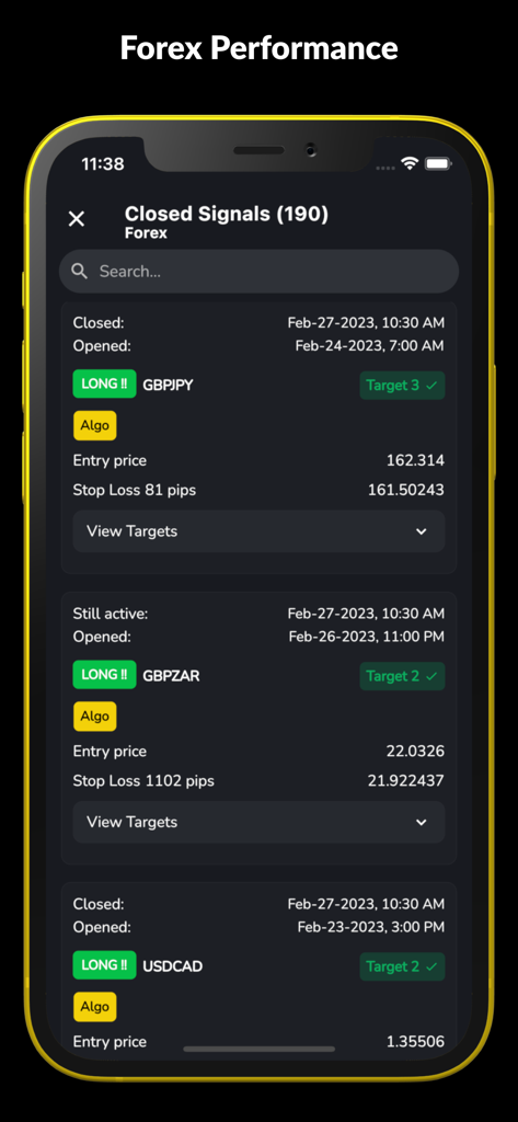 Signalbyt exibe uma lista de sinais de trading de forex fechados com preços de entrada e metas de desempenho.