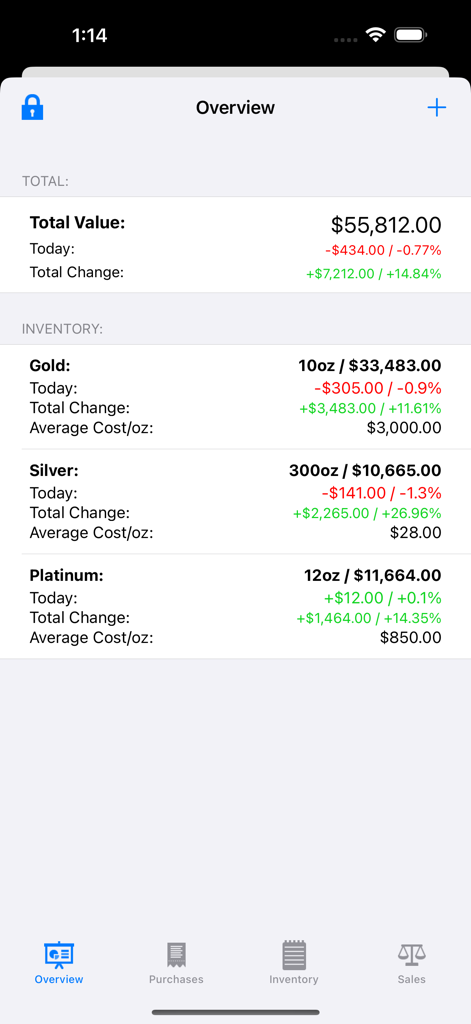 Mobile app dashboard showing a precious metals portfolio with total value and inventory for gold, silver, and platinum.