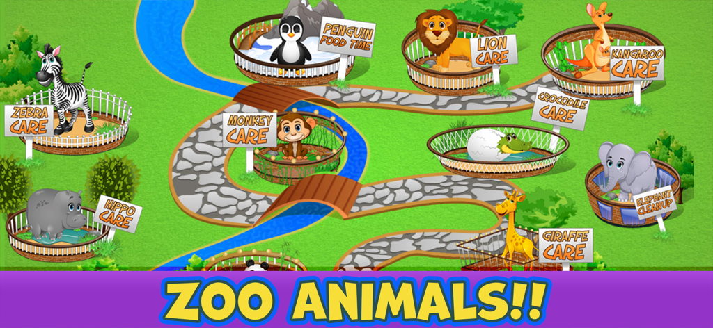 Zoo Animal Care Adventure Game - A colorful cartoon zoo map showing different animal enclosures like lion care and penguin food time