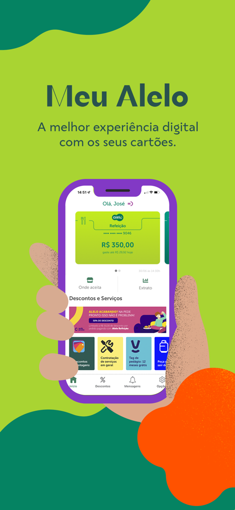Home screen of the Meu Alelo app showing benefit card balance and financial management services