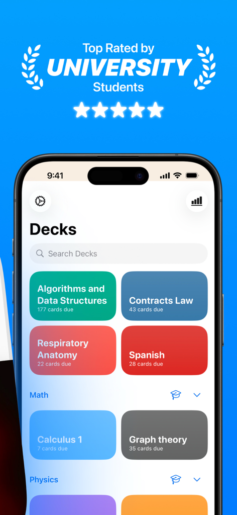 Flashtex: Study Flashcards - Flashtex-App zeigt verschiedene Universitäts-Karteikarten-Decks auf einem iPhone-Bildschirm