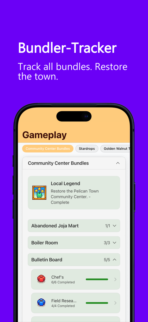 Stardew Guide & Tracker - Interfaz de la aplicación Guía y Rastreador de Stardew que muestra el progreso y el estado de finalización de los paquetes del Centro Cívico