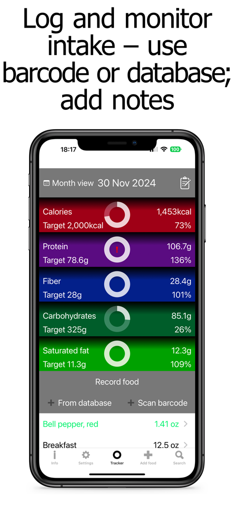 Macro Counter and Tracker - Panel nutricional en la aplicación Macro Counter and Tracker que muestra los objetivos de macros y calorías.