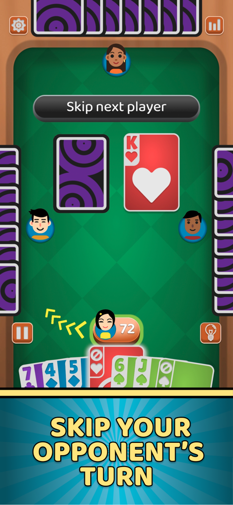 Crazy 8: Card game - Interfaz del juego de cartas Crazy 8 con una carta de acción de saltar turno del oponente.