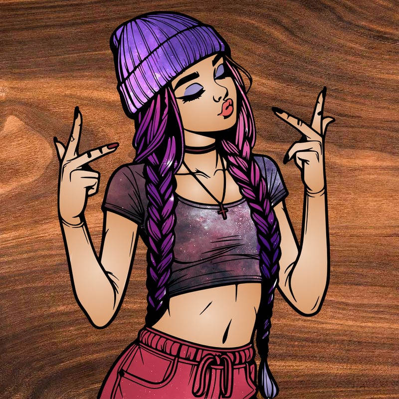 realistic teenage girl with braids and a beanie and crop top doing 🫶🏼