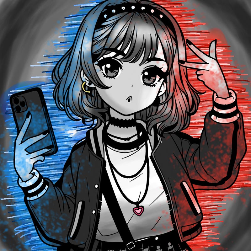 beautiful manga girl with phone and selfie doing the girl power sign and wearing really trendy clothes with cool hair