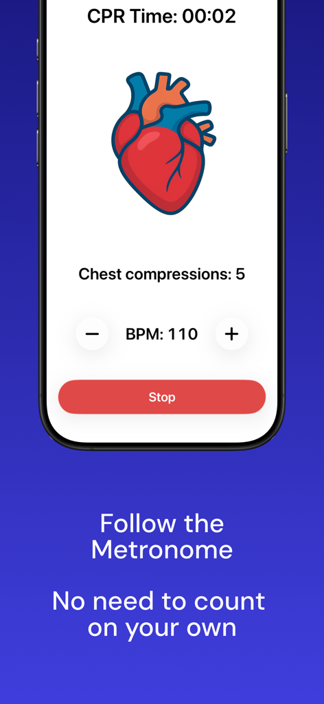 CPR Metronome: Rhythm Trainer - CPR Metronome app interface with a heart icon, compression counter, and adjustable BPM for training.