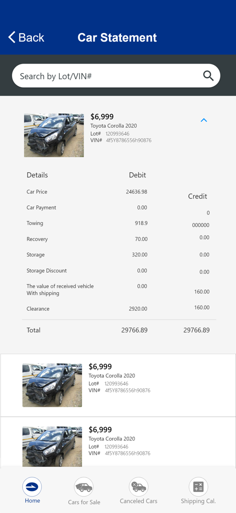 A mobile app screenshot showing a detailed accounting statement for an exported vehicle with a cost breakdown of towing and storage fees
