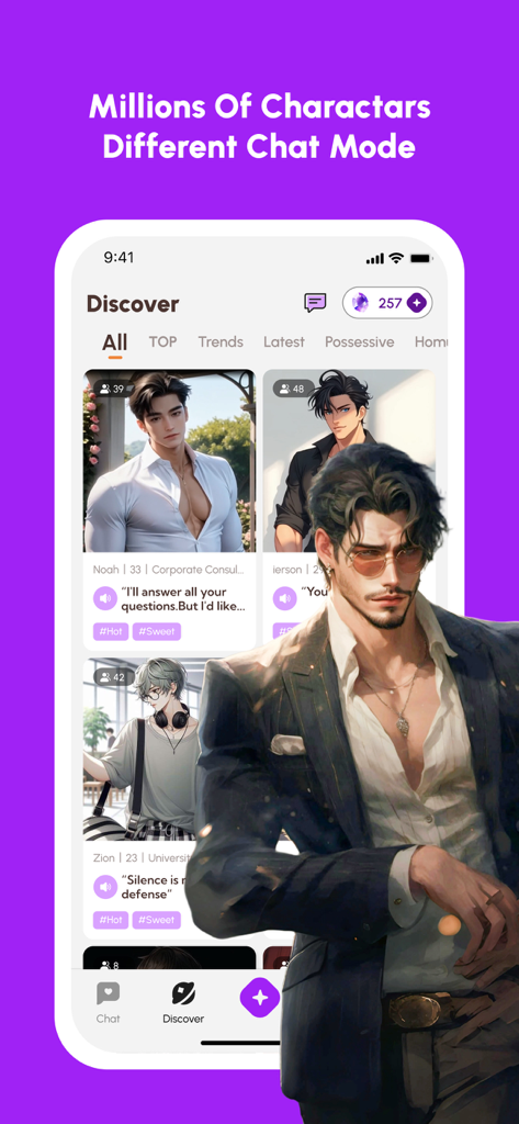 DeepLove AI app interface showing a list of AI characters for interactive chat and roleplay