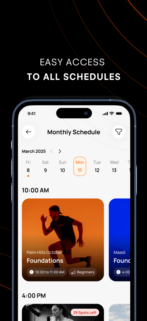 BeFit 360 - The monthly workout schedule screen of the BeFit 360 mobile app showing class times and training locations
