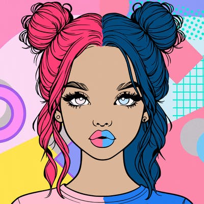 realistic girl with two buns in hair and lips