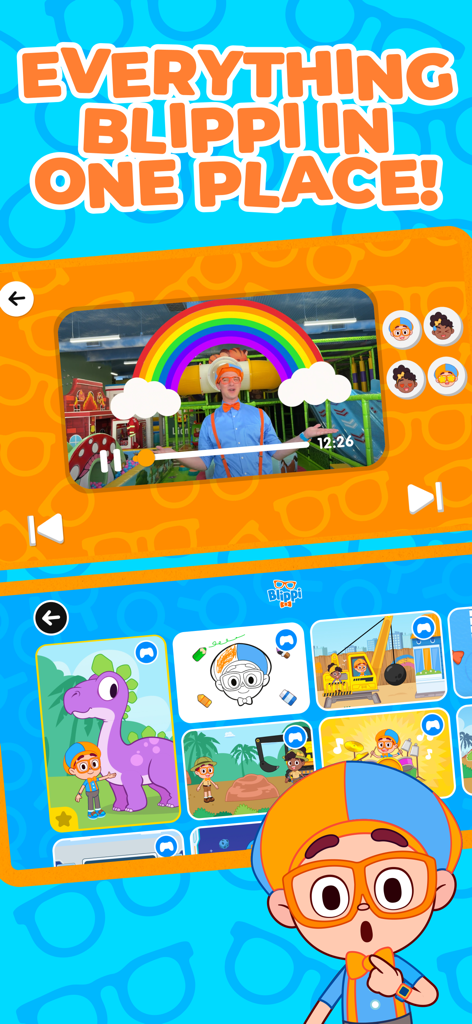 Blippi's Curiosity Club - Interfaz de la aplicación Blippi's Curiosity Club que muestra vídeos educativos y juegos interactivos para niños en edad preescolar.