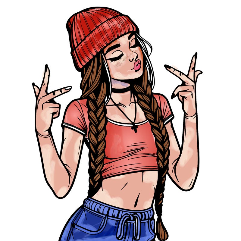 realistic teenage girl with braids and a beanie and crop top doing 🫶🏼