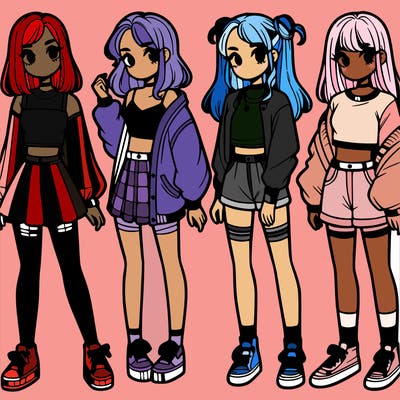 one girl with crop-top shirt and a jacket with a skirt, long socks and another girl with a shirt and pants with a jacket