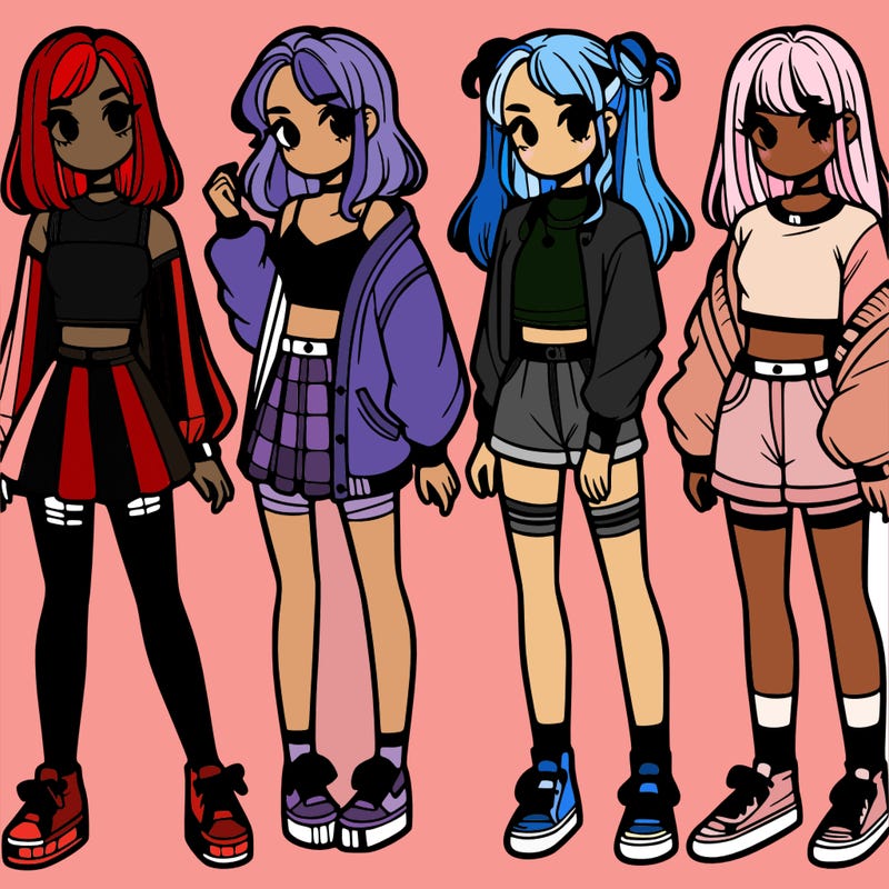 one girl with crop-top shirt and a jacket with a skirt, long socks and another girl with a shirt and pants with a jacket