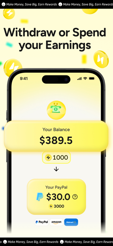 Smartphone screen displaying the Blidz app balance and options to withdraw money via PayPal or gift cards