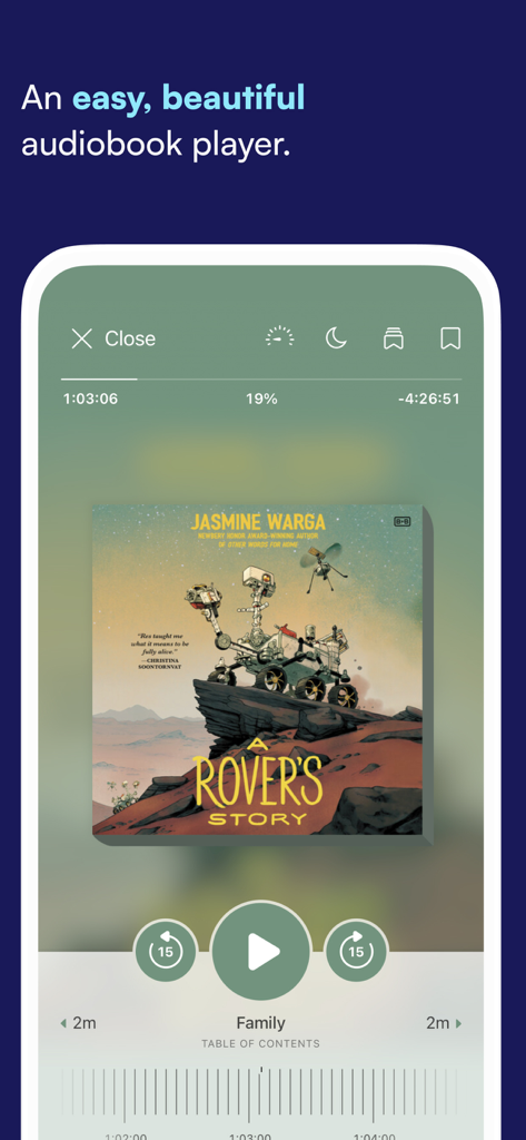 Sora app audiobook player interface showing the book cover of A Rover's Story with playback controls