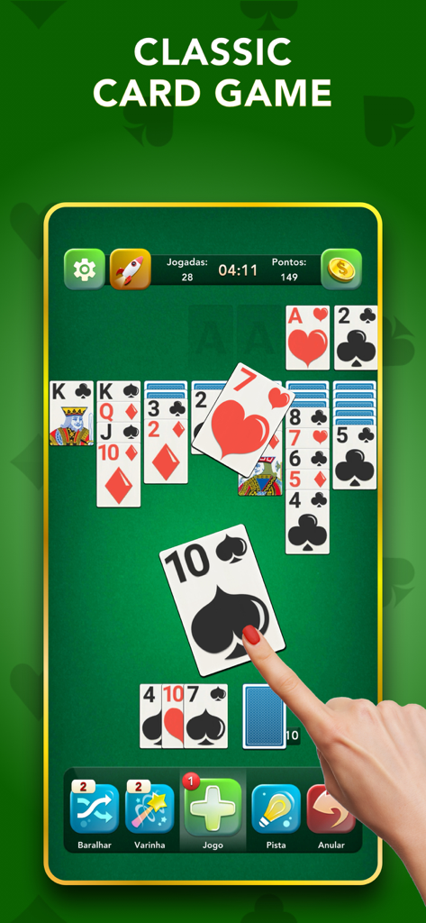 Solitaire Classic Card Game. - Interfaz móvil moderna de Solitario Clásico con cartas grandes y fáciles de leer y una mano moviendo una carta