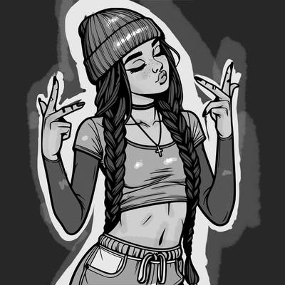 realistic teenage girl with braids and a beanie and crop top doing 🫶🏼
