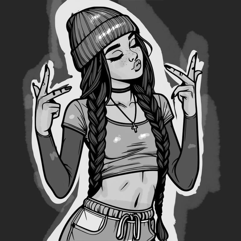 realistic teenage girl with braids and a beanie and crop top doing 🫶🏼