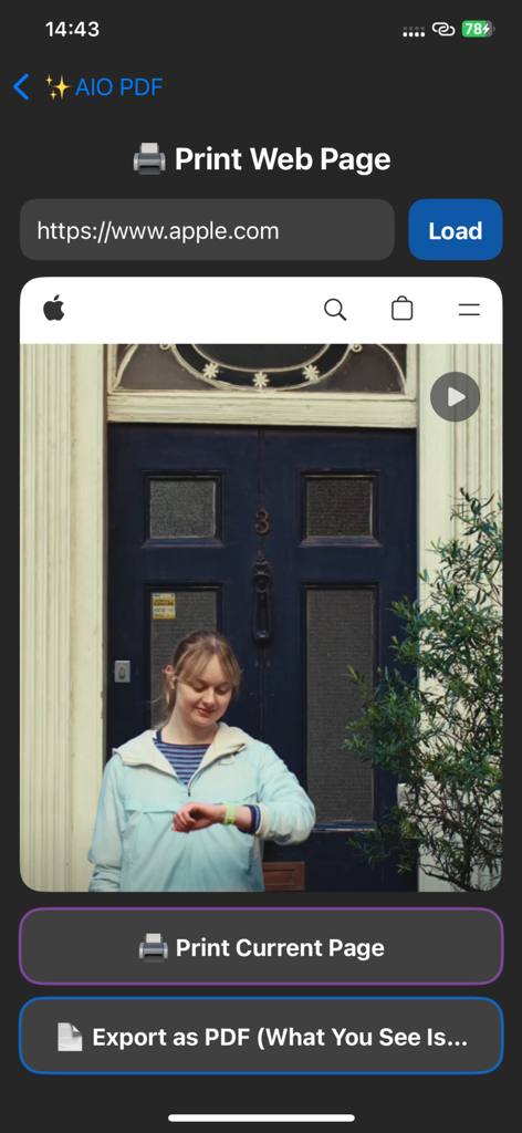 Mobile interface of All in One PDF showing the option to load a URL and export a web page as a PDF file