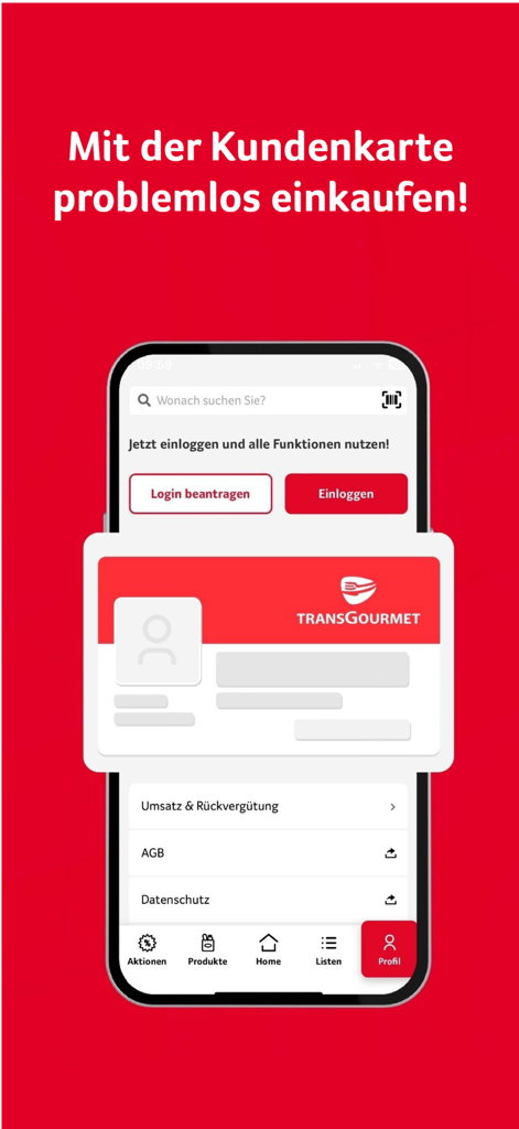 Transgourmet/Prodega Schweiz - Interfaz de la aplicación Transgourmet Prodega que presenta una tarjeta de cliente digital para profesionales de la hostelería
