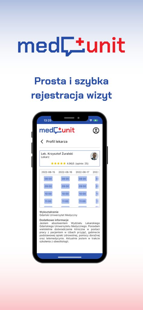 Medunit NFZ mobile app interface for booking a doctor visit